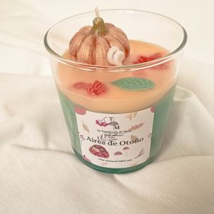 Vela artesanal Aires de Otoño en vaso de cristal con calabaza y hojas de cera - La Trastienda de Maca